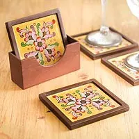 Painted glass coasters, 'Blushing Blooms' (set of 4) - Four Hand Painted Glass Coasters and Holder