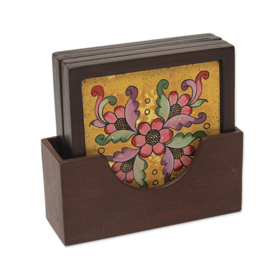 Painted glass coasters, 'Blushing Blooms' (set of 4) - Four Hand Painted Glass Coasters and Holder