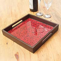 Wood and glass tray, 'From the Jungle, its Fruit' - Peruvian Handcrafted Wood and Glass Tray