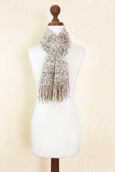 Alpaca blend scarf, 'Andean Paths' - Brown and White Bloucle Alpaca Blend Scarf