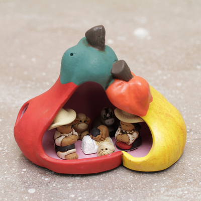 Ceramic nativity scene, 'Pepper Love' - Artisan Crafted Peruvian Nativity Scene