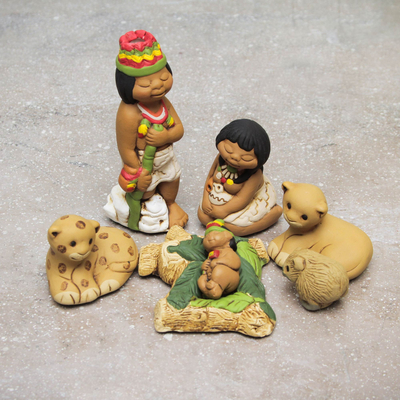 Ceramic nativity scene, 'Born in the Amazon' (set of 7) - Handpainted Traditional Nativity Scene from Peru Set of 7