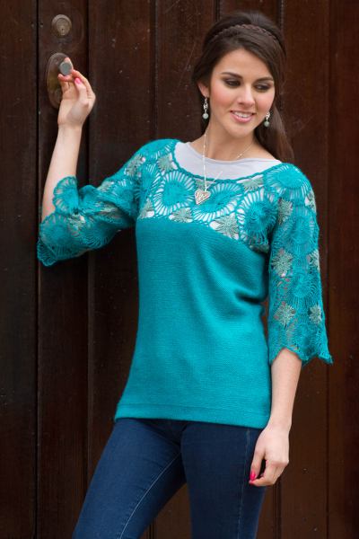 100% alpaca tunic, 'Sicuani Muse' - Turquoise Alpaca Sweater Tunic with Hand Crocheted Flowers