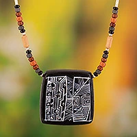 Ceramic pendant necklace, 'Night Sky' - Peruvian Ceramic Pendant Necklace with Silver Beads