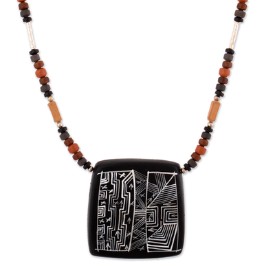 Ceramic pendant necklace, 'Night Sky' - Peruvian Ceramic Pendant Necklace with Silver Beads