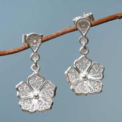 Sterling silver dangle earrings, 'Filigree Flowers' - Handmade Andean Floral Sterling Silver Filigree Earrings