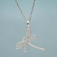 Sterling silver pendant necklace, 'Quechua Dragonfly' - Andean Sterling Silver Filigree Pendant Necklace