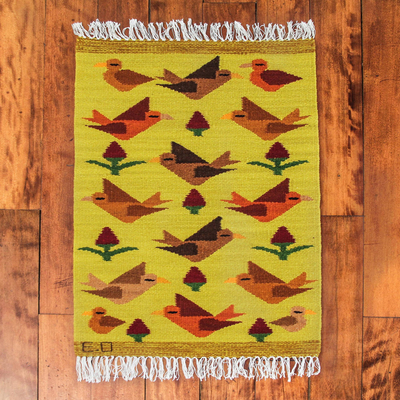 Wool rug, 'Birds on the Wing' (2x3) - Peruvian Handwoven Yellow Wool Rug with Birds
