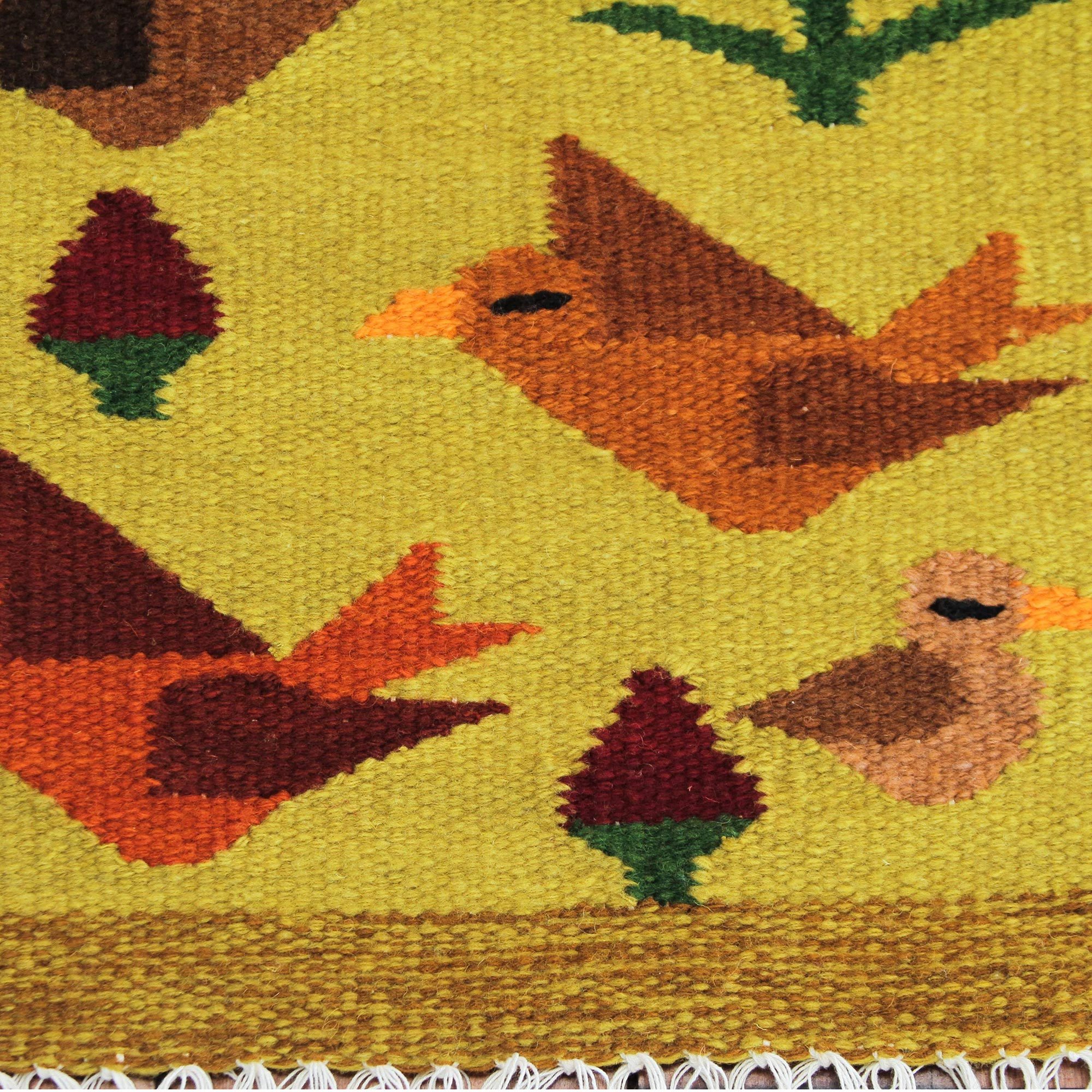 UNICEF Market Peruvian Handwoven Yellow Wool Rug with Birds Birds