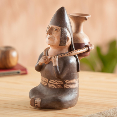 Figura de cerámica, 'Portador de agua andino' - Réplica de museo hecha a mano Figura de cerámica Moche
