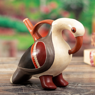 Vasija decorativa de cerámica - Recipiente de cerámica con tema de pájaro réplica de museo de Perú