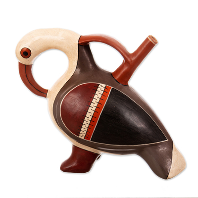 Vasija decorativa de cerámica - Recipiente de cerámica con tema de pájaro réplica de museo de Perú