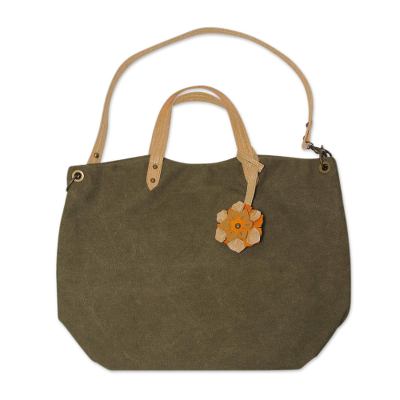 Cotton and leather accent shoulder bag, 'Andean Florette on Green' - Green Cotton Shoulder Bag With Leather Accents