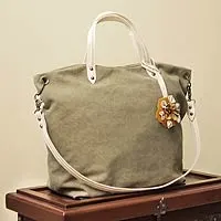 Cotton and leather accent shoulder bag, Andean Florette on Khaki