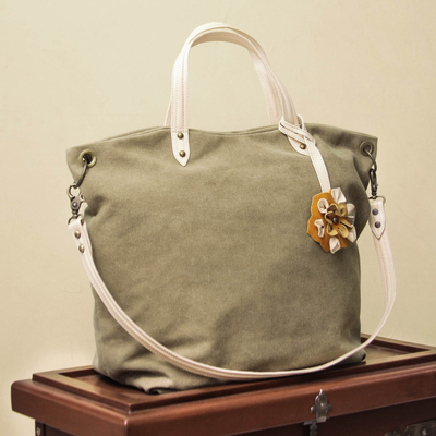 Cotton and leather accent shoulder bag, 'Andean Florette on Khaki' - Fair Trade Cotton With Leather Accent Shoulder Bag