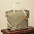 Cotton and leather accent shoulder bag, 'Andean Florette on Khaki' - Fair Trade Cotton With Leather Accent Shoulder Bag (image 2) thumbail