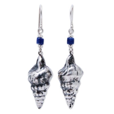 Sterling silver and sodalite dangle earrings, 'Marine Memoirs' - Sterling Silver Shell Design Hook Earrings with Sodalite
