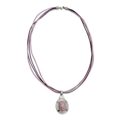 Rhodonite pendant necklace, 'Of Love and Well Being' - Natural Rhodonite Pendant on Handcrafted Cotton Necklace