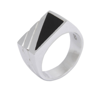 Men's onyx signet ring, 'Night Shadow' - Modern Men's Onyx Ring Crafted of Andean 925 Silver