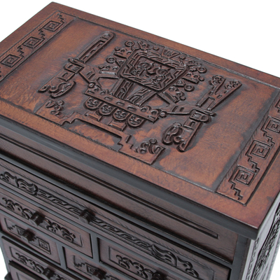 Cedar and leather jewelry box, 'Memories' - Cedar and Brown Tooled Leather Jewelry Box with Drawers