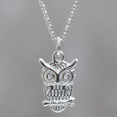 Sterling silver pendant necklace, 'Juku Huchuy' - Andean Silver Owl Pendant on Sterling Silver Chain Necklace