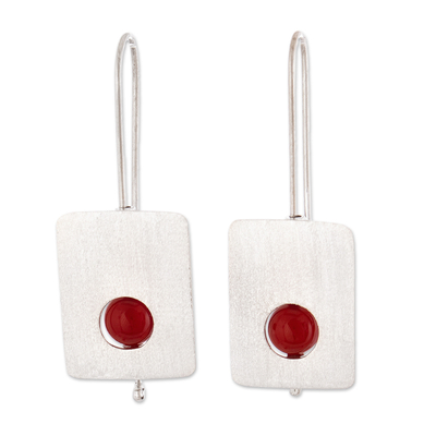 Agate drop earrings, 'Magnificent' - Handmade Brushed Silver Earrings with Red Agate