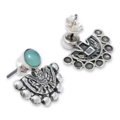 Sterling silver and opal button earrings, 'Child of the Sun' - Inca Glyph Earrings with Opal and Sterling Silver