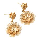 Gold plated filigree flower earrings, 'Yellow Rose' - Gold Plated Filigree Handmade Flower Dangle Earrings