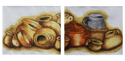 'Still Life in Terracotta' (diptych) - Set of Two Mixed Media Paintings