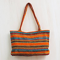 Wool shoulder bag, 'Cajamarca Orange' - Hand Loomed Peruvian Wool Striped Shoulder Bag