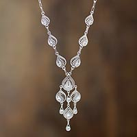 Sterling silver filigree Y-necklace, 'Sunrise Dew'