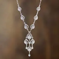 Sterling silver filigree Y-necklace, 'Sunrise Dew' - Artisan Crafted Y-Necklace in Sterling Silver Filigree Art