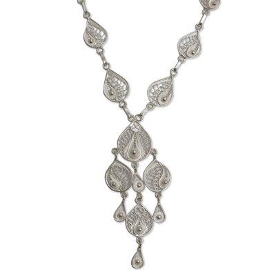 Sterling silver filigree Y-necklace, 'Sunrise Dew' - Artisan Crafted Y-Necklace in Sterling Silver Filigree Art