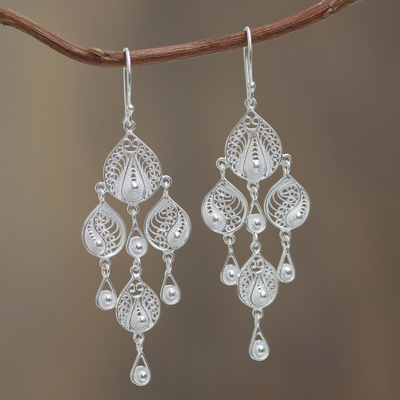 Sterling silver filigree chandelier earrings, 'Sunrise Dew' - Artisan Crafted Silver Filigree Chandelier Hook Earrings