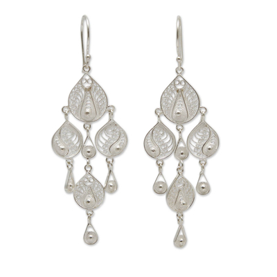 Sterling silver filigree chandelier earrings, 'Sunrise Dew' - Artisan Crafted Silver Filigree Chandelier Long Earrings