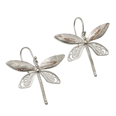 Sterling silver filigree earrings, 'Poised Dragonflies' - Sterling Silver Filigree Hook Earrings With Copper Accents