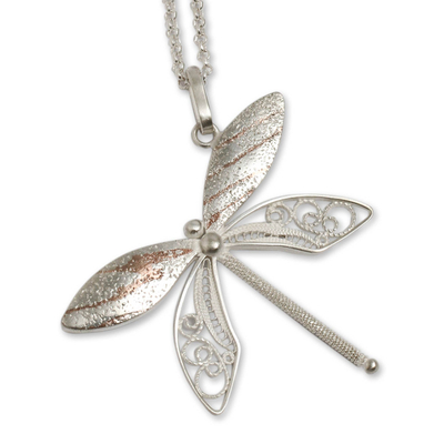 Sterling silver filigree necklace, 'Poised Dragonfly' - Sterling Silver Filigree Pendant Necklace and Copper Accents