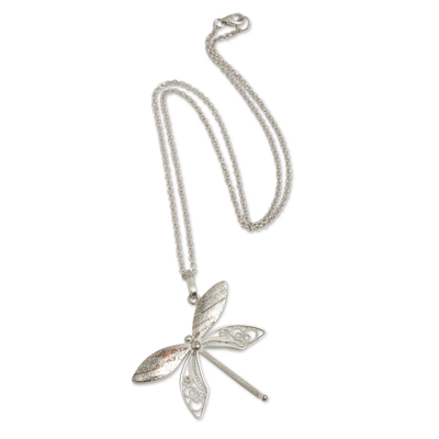 Sterling silver filigree necklace, 'Poised Dragonfly' - Sterling Silver Filigree Pendant Necklace and Copper Accents