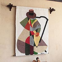 Wool tapestry, 'The Harp Player' - Cubist Tapestry Wall Hanging Hand Loomed in Peru