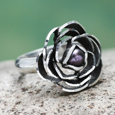anillo flor perla cultivada - Anillo de flor de perla morada en plata de ley hecho a mano