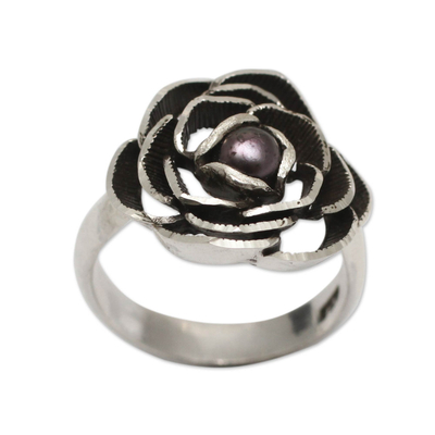 anillo flor perla cultivada - Anillo de flor de perla morada en plata de ley hecho a mano