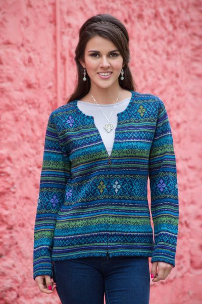 100% alpaca cardigan, 'Amazonian Wonder' - Blue Green Alpaca Cardigan Women's Fair Trade Apparel