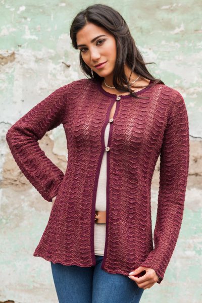 100% alpaca cardigan sweater, 'Cherry Tide' - Andes Deep Red 100% Alpaca Women's Cardigan Sweater