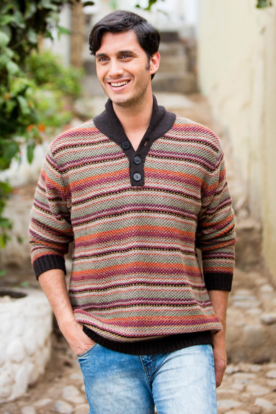 100% Alpaca Pullover Knit Men's Sweater with Nehru Neck - Piura Sunset ...