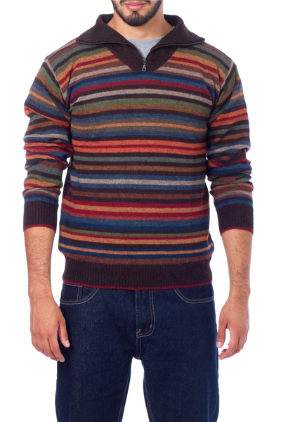 Men's 100% alpaca pullover sweater, 'Brown Heights' - Men's 100% Alpaca Striped Pullover Sweater with Turtleneck