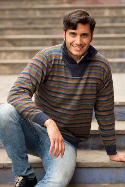 Men's 100% alpaca pullover sweater, 'Grey Heights' - Blue Grey 100% Alpaca Men's Turtleneck Pullover Sweater