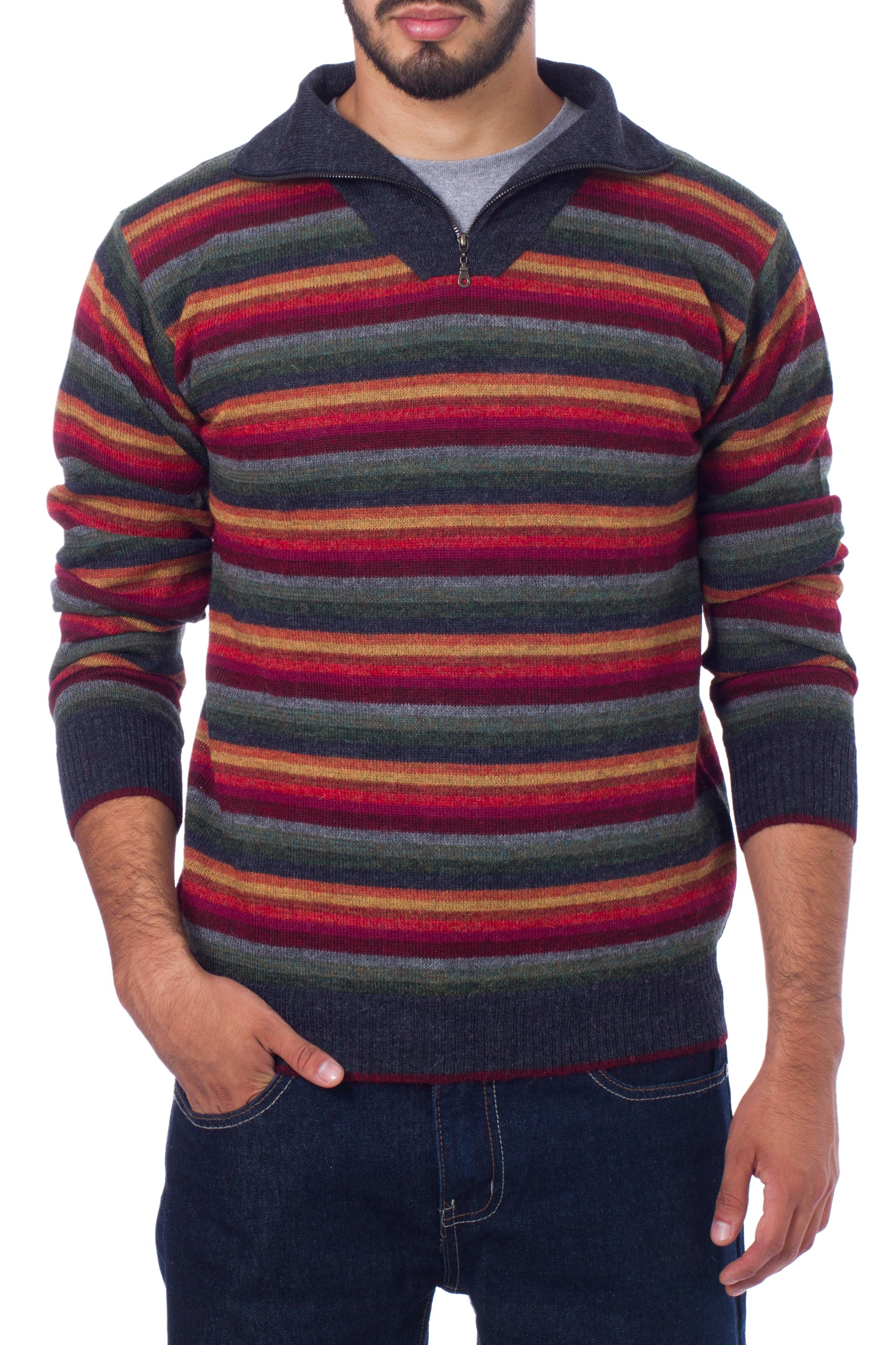 Men's Striped Multicolor Alpaca Turtleneck Pullover Sweater - Blue ...