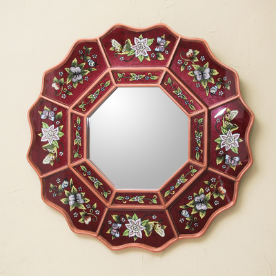 Reverse painted glass mirror, 'Wine Blossom Fiesta' - Burgundy Floral Reverse Painted Glass Wall Mirror