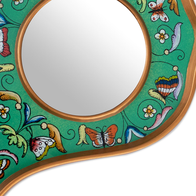 Reverse painted glass hand mirror, 'Aqua Butterflies' - Reverse Painted Glass Aqua Floral Hand Mirror