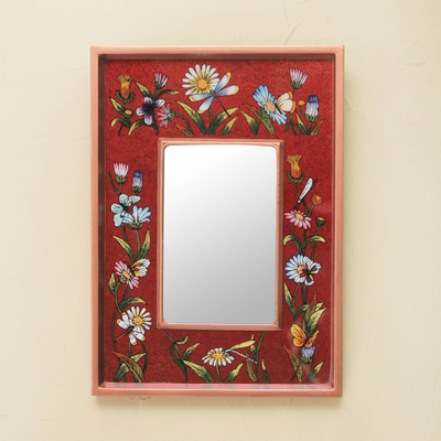 Espejo de cristal pintado al revés - Espejo de pared andino moderno pintado a mano